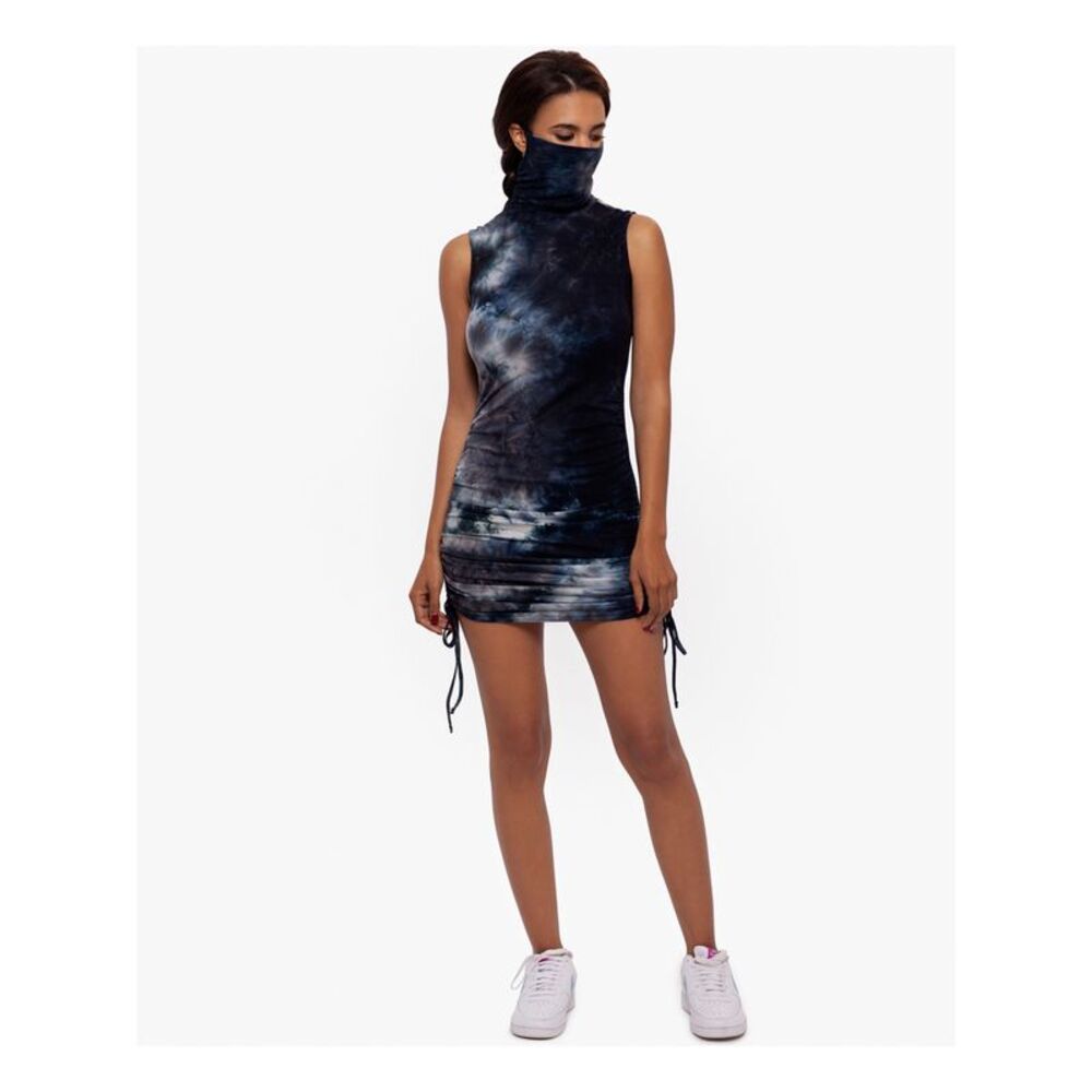 BAM BY BETSY & ADAM Womens Black Stretch Attached Face Mask Tie Dye Mini Dress M